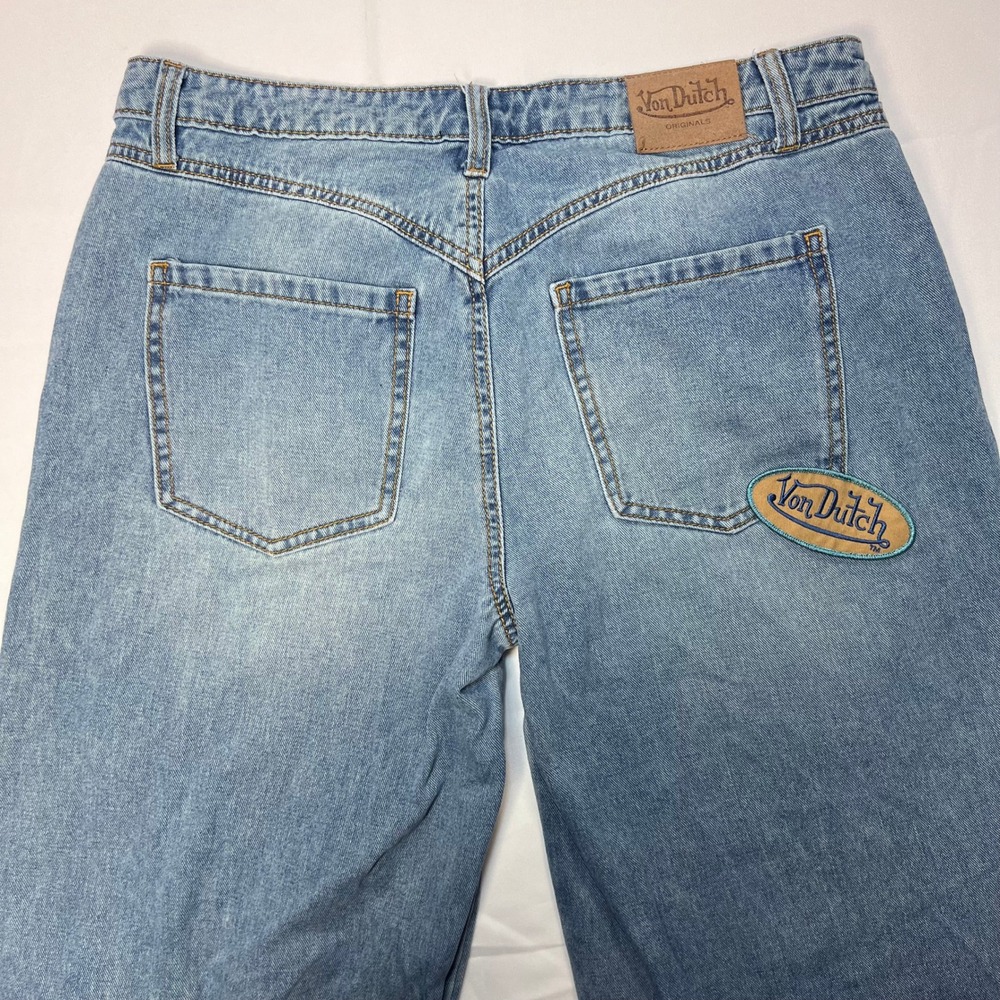 Von Dutch Wide Leg Jeans Womens 13 Blue Medium Wash Y2K Baggy Logo Patch Graphic - Picture 16 of 16